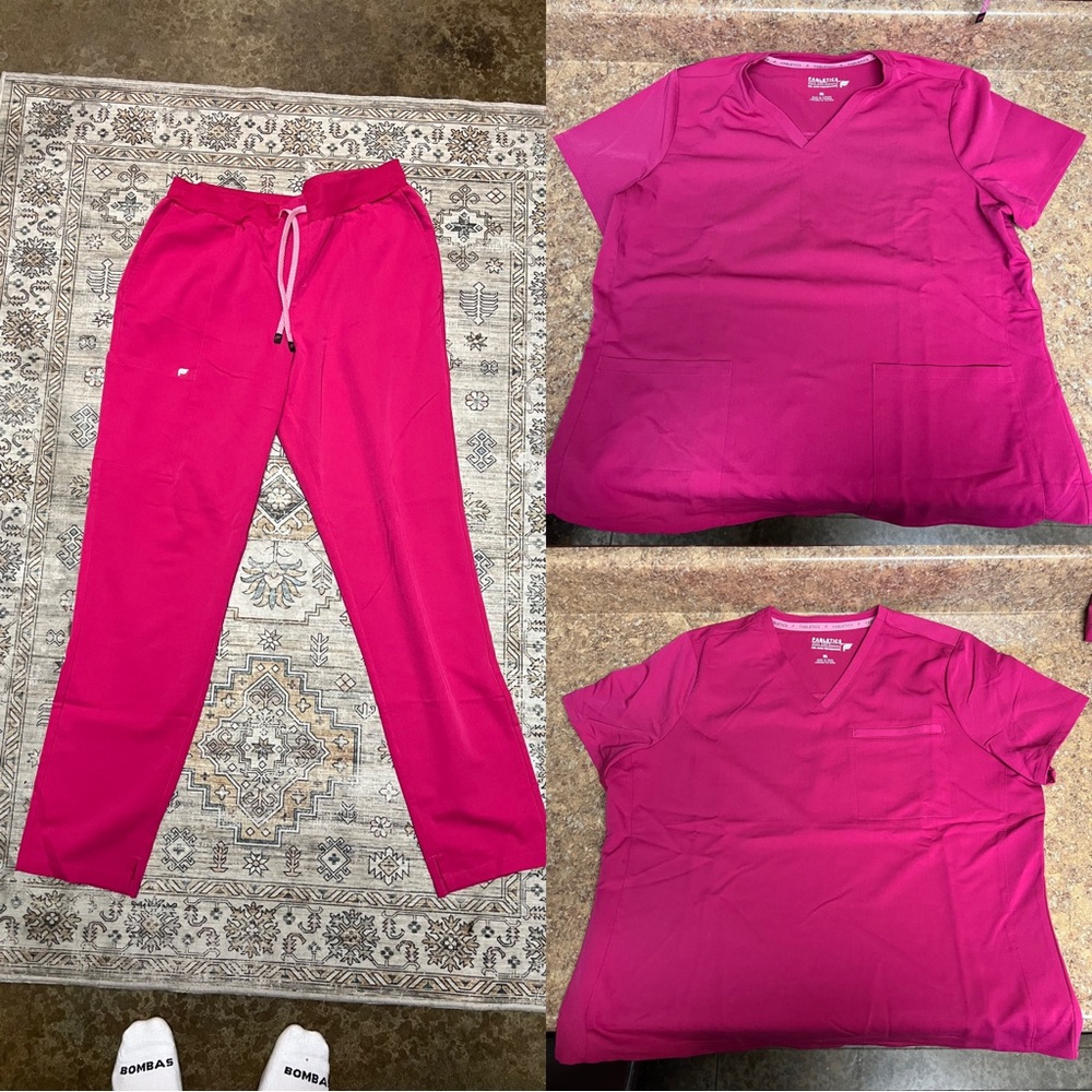 Fabletics 3 piece Scrub set two XL tops and 1 Large Petite Bottom